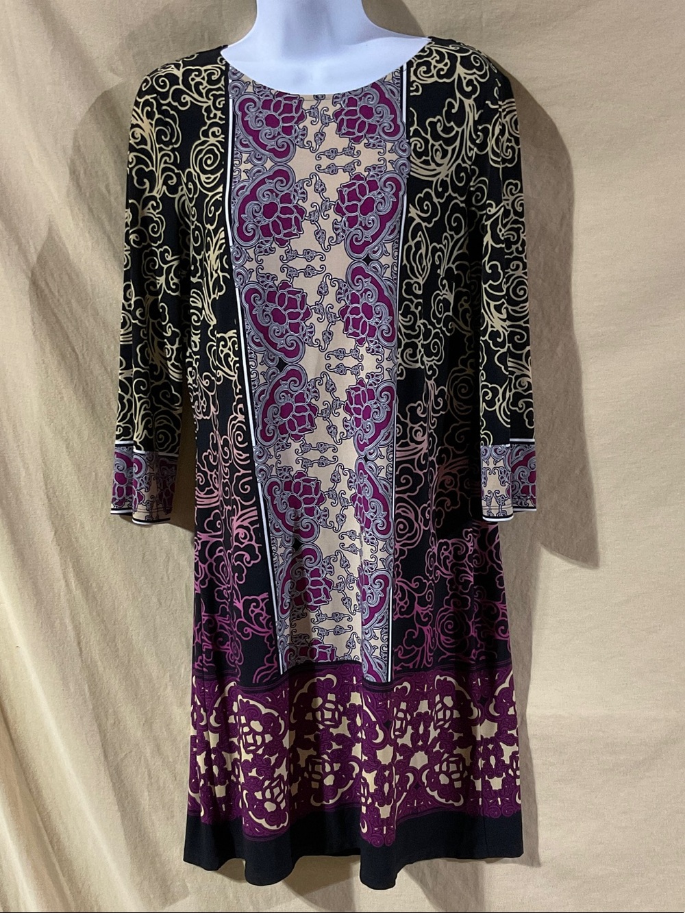 London Times Size 8 Black and Purple Printed Long-Sleeve A-Line Dress